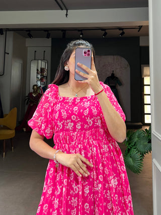 Pink Floral Printed Georgette Gown – Elegant and Timeless Charm