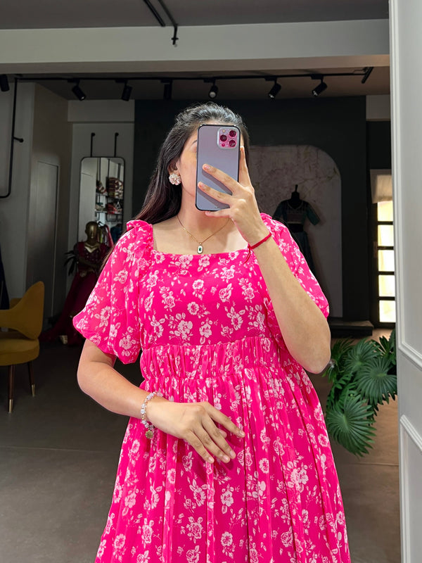 Pink Floral Printed Georgette Gown – Elegant and Timeless Charm