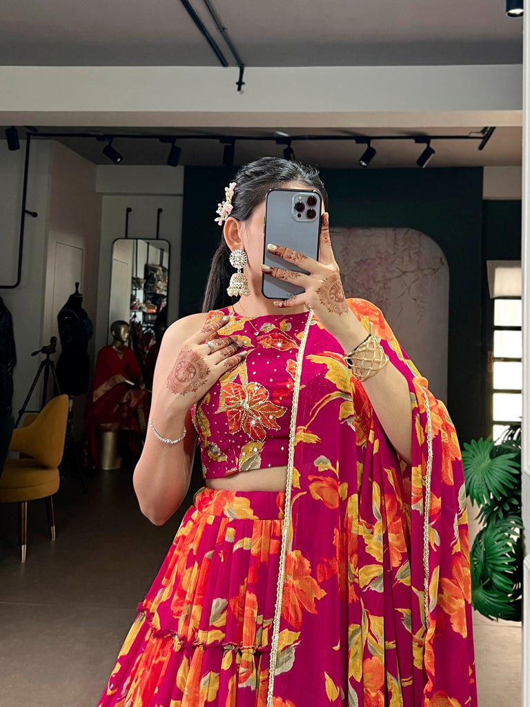 Pink Floral Printed Lehenga Choli Set ClothsVilla