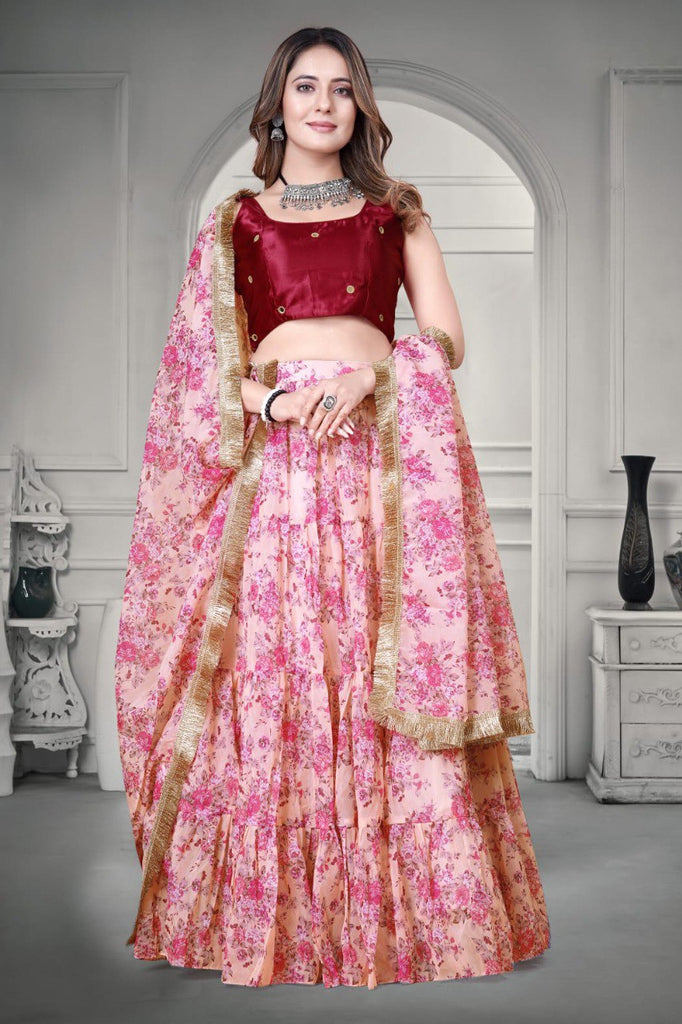 Pink Floral Printed Organza Lehenga Choli Set ClothsVilla