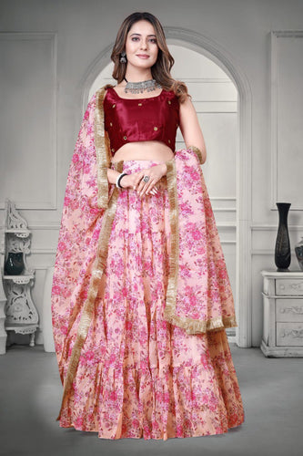 Pink Floral Printed Organza Lehenga Choli Set ClothsVilla