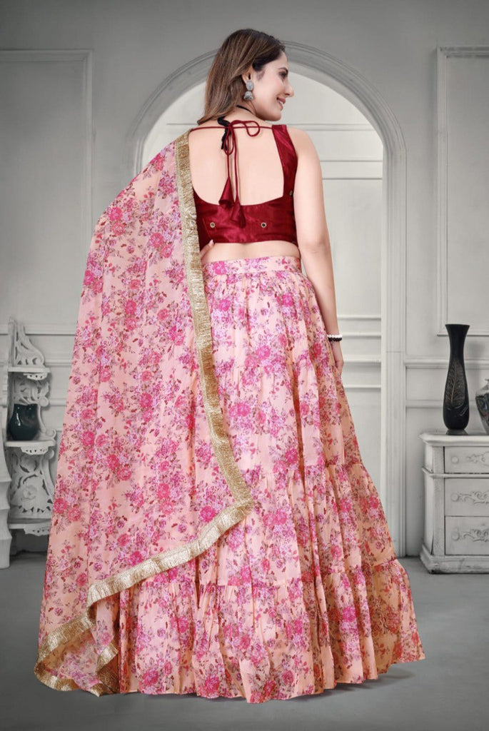 Pink Floral Printed Organza Lehenga Choli Set ClothsVilla
