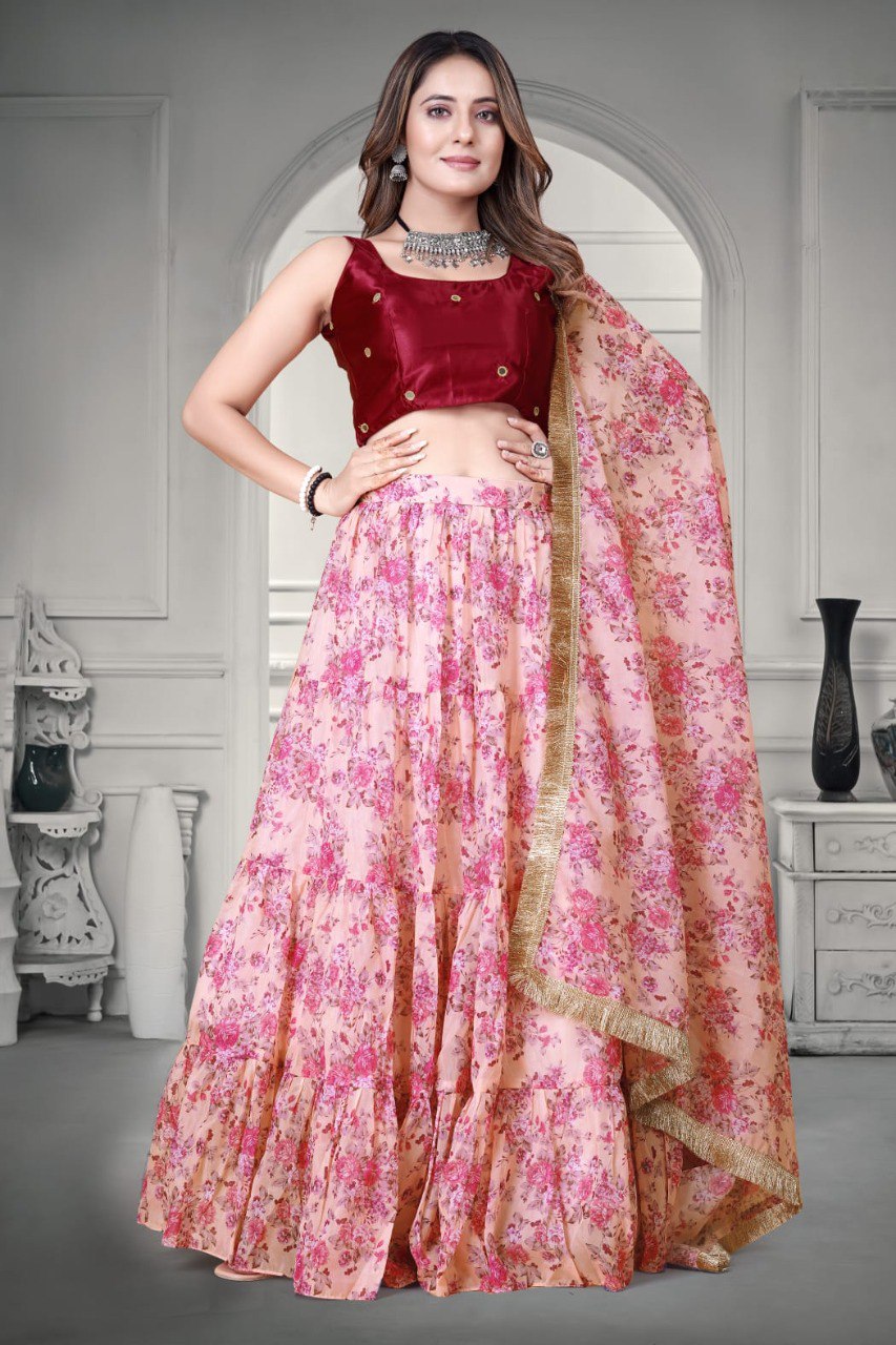 Pink Floral Printed Organza Lehenga Choli Set Secondary image