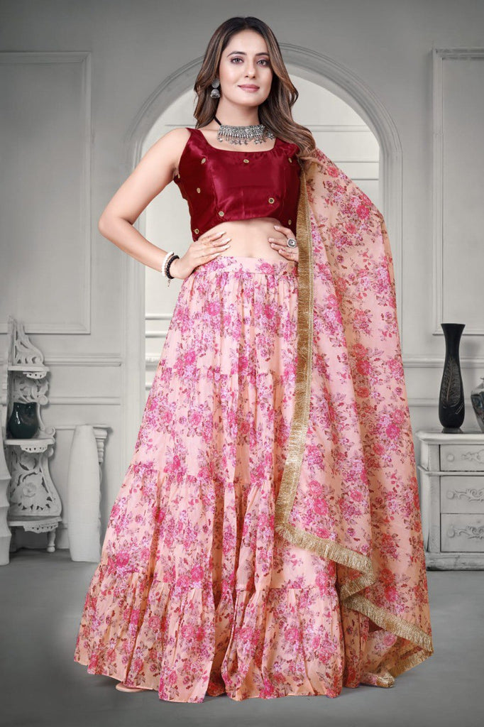 Pink Floral Printed Organza Lehenga Choli Set ClothsVilla