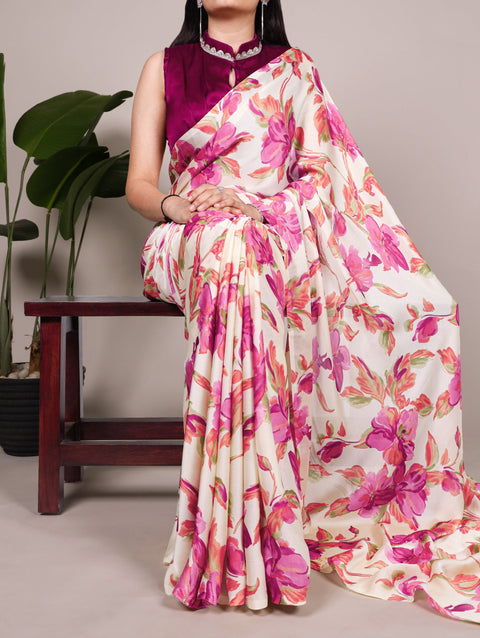 Pink Floral Printed Satin Silk Saree with Fully Stitched Adjustable Natural Silk Blouse & Lace Detailing – Party & Festive Wear ClothsVilla Main image