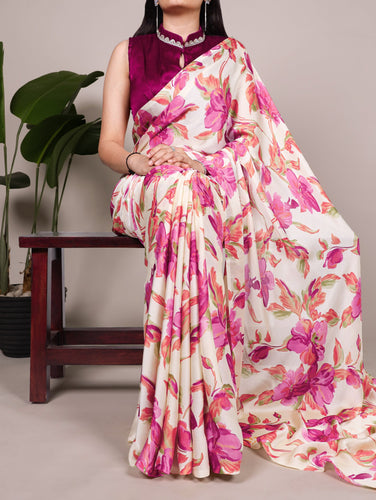 Pink Floral Printed Satin Silk Saree with Fully Stitched Adjustable Natural Silk Blouse & Lace Detailing – Party & Festive Wear ClothsVilla