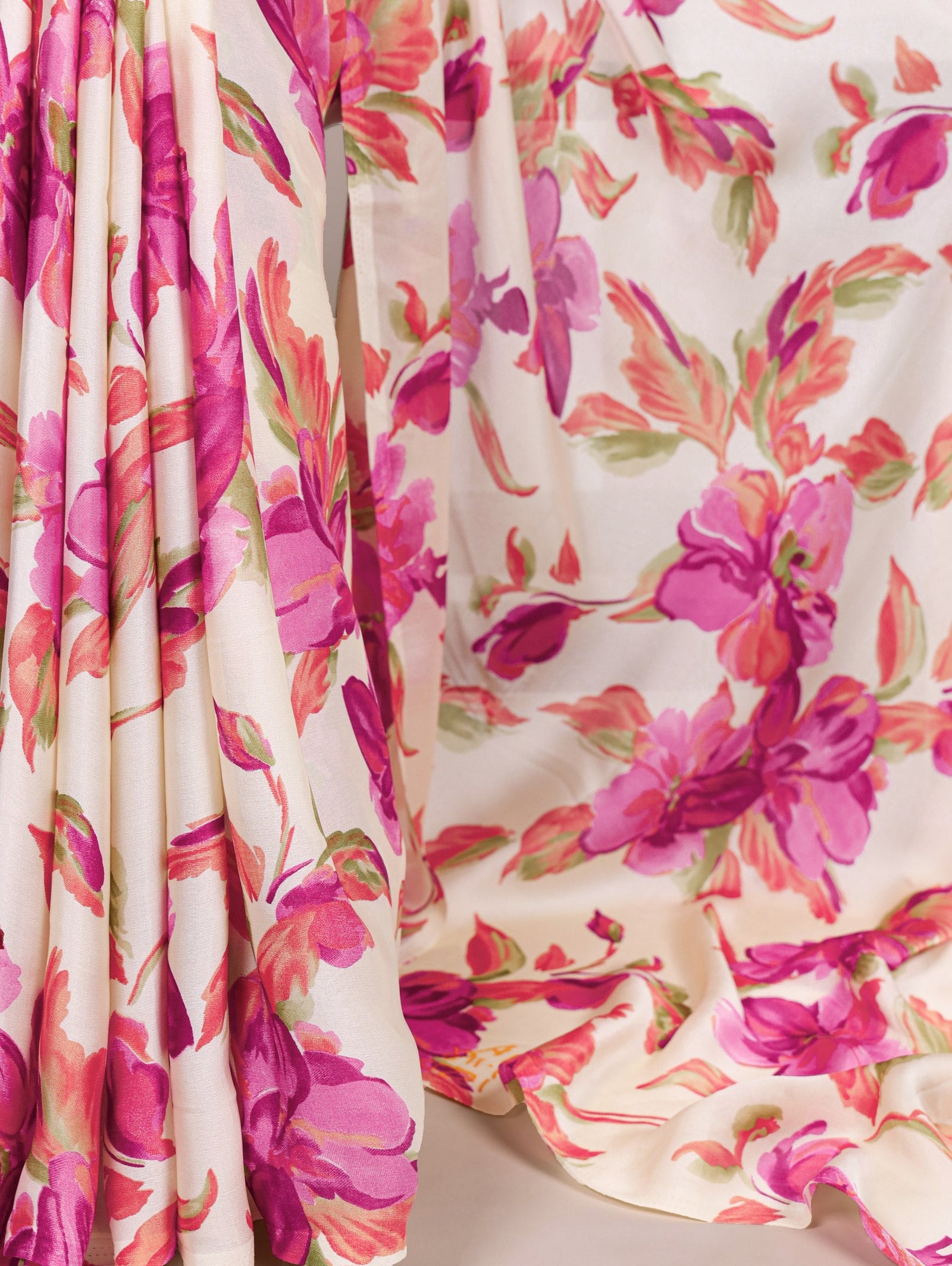 Pink Floral Printed Satin Silk Saree with Fully Stitched Adjustable Natural Silk Blouse & Lace Detailing – Party & Festive Wear ClothsVilla