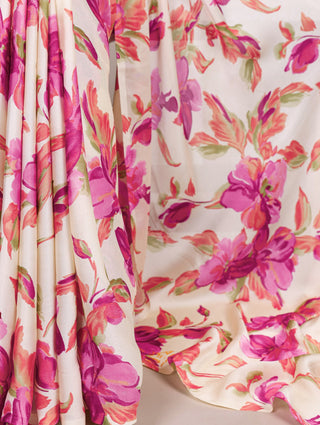 Pink Floral Printed Satin Silk Saree with Fully Stitched Adjustable Natural Silk Blouse & Lace Detailing – Party & Festive Wear ClothsVilla