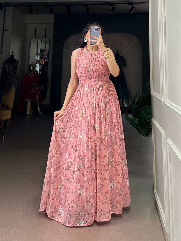 Pink Floral Printed Weightless Marbal Long Dress with 3.40 Meter Flair, Silk Lining & Drawstring Zip Closure – Fully Stitched Casual & Party Wear ClothsVilla