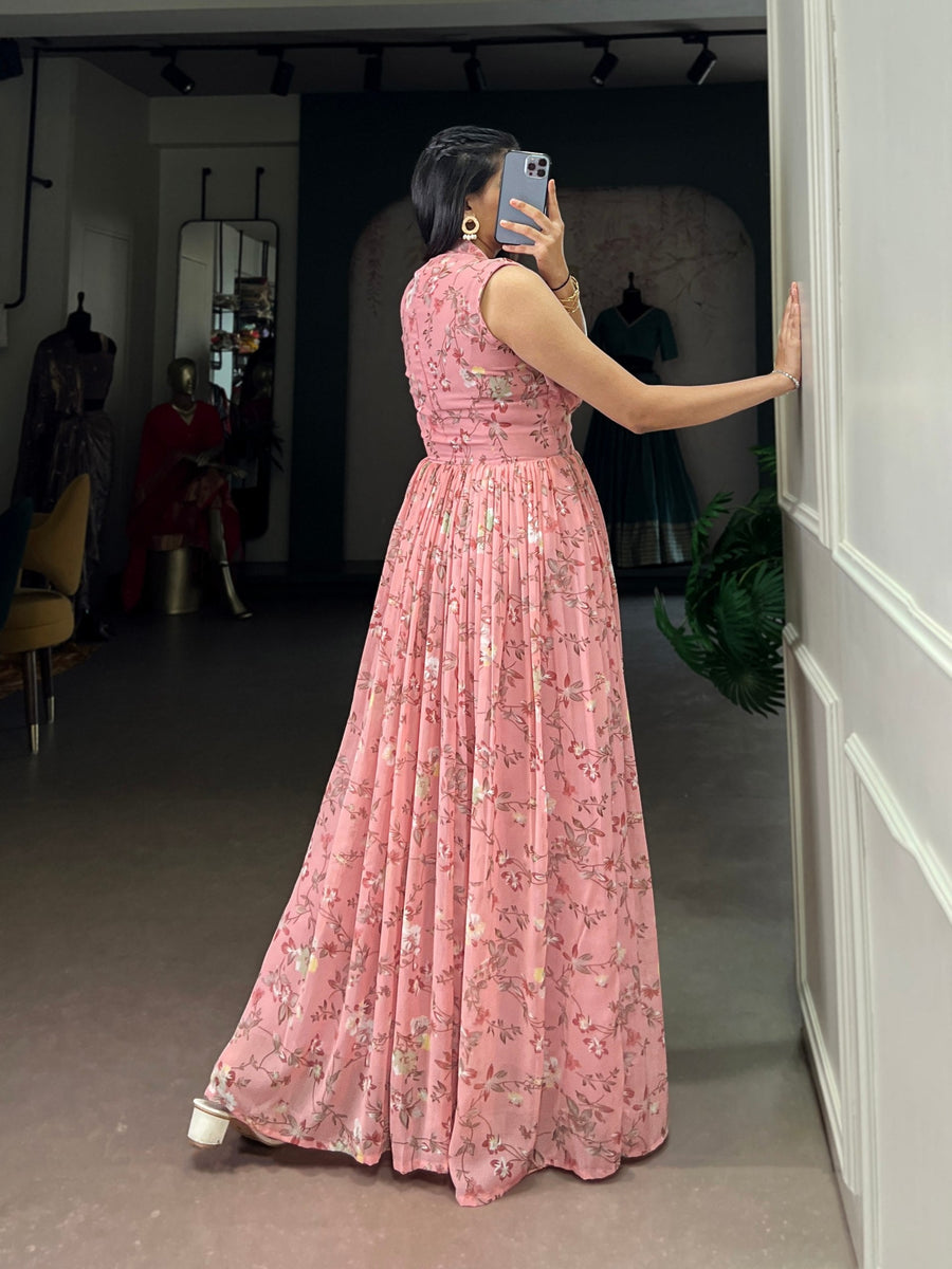 Pink Floral Printed Weightless Marbal Long Dress with 3.40 Meter Flair, Silk Lining & Drawstring Zip Closure – Fully Stitched Casual & Party Wear Pink Floral Printed Weightless Marbal Long Dress with 3.40 Meter Flair, Silk Lining & Drawstring Zip Closure – Fully Stitched Casual & Party Wear