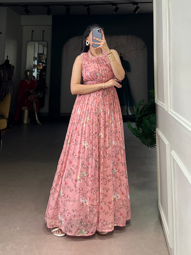 Pink Floral Printed Weightless Marbal Long Dress with 3.40 Meter Flair, Silk Lining & Drawstring Zip Closure – Fully Stitched Casual & Party Wear ClothsVilla