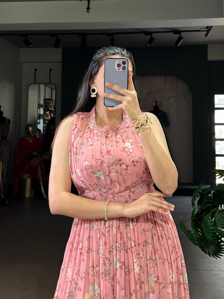 Pink Floral Printed Weightless Marbal Long Dress with 3.40 Meter Flair, Silk Lining & Drawstring Zip Closure – Fully Stitched Casual & Party Wear ClothsVilla