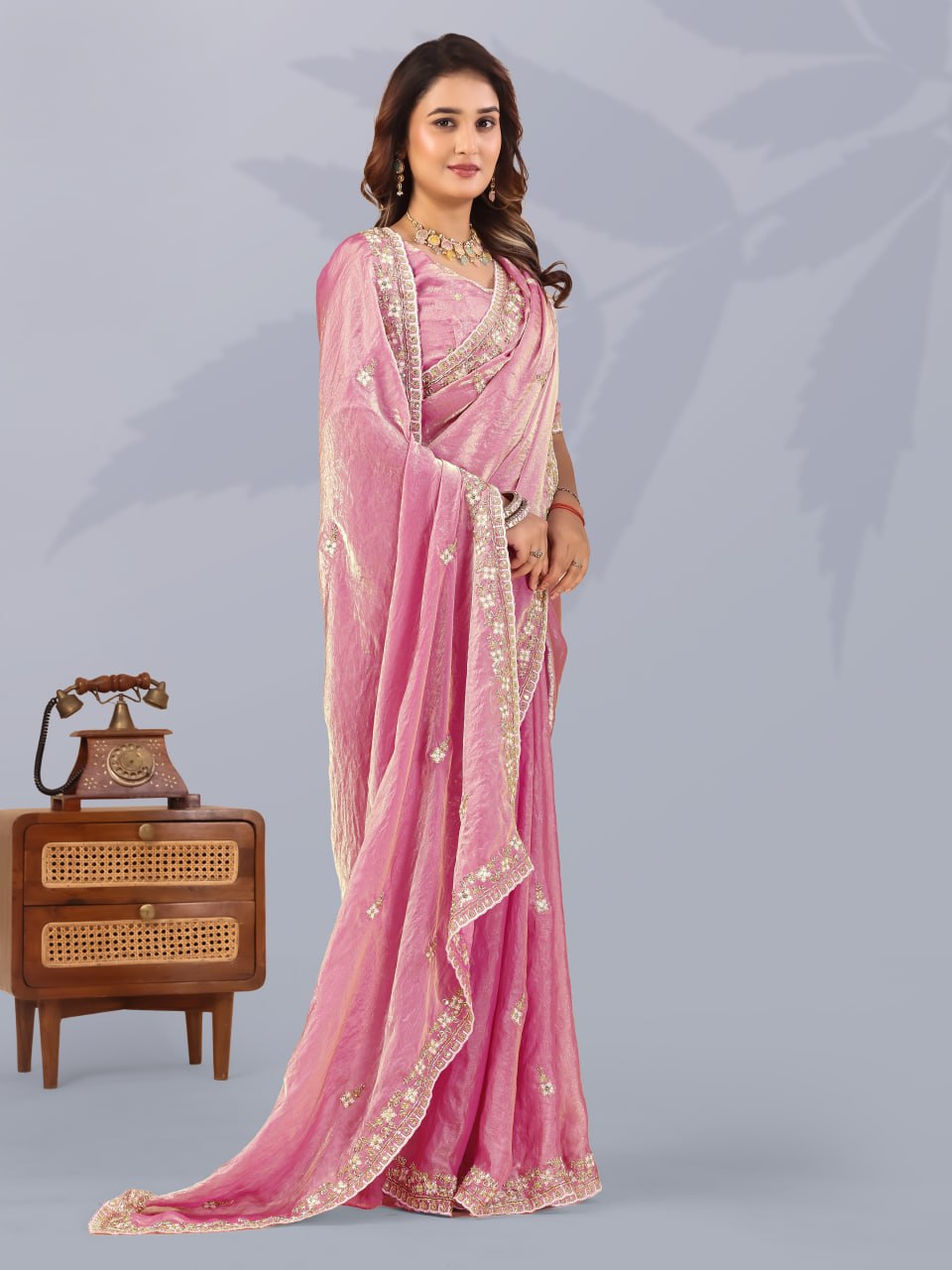 Pink Frendi Silk Saree with Sequins Work ClothsVilla