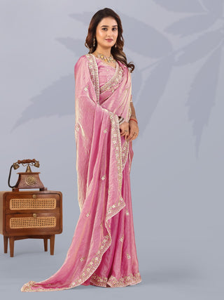 Pink Frendi Silk Saree with Sequins Work ClothsVilla