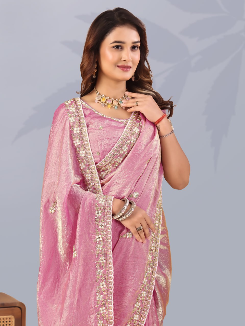Pink Frendi Silk Saree with Sequins Work ClothsVilla