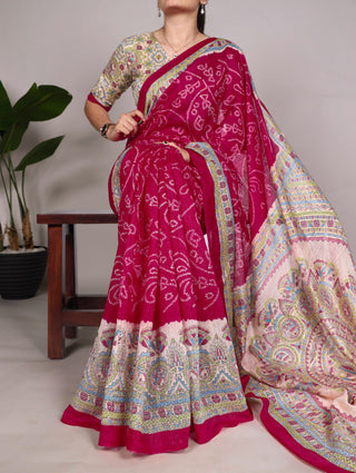 Pink Fusion of Madhubani and Bandhej Green Silk Saree with Unstitched Blouse