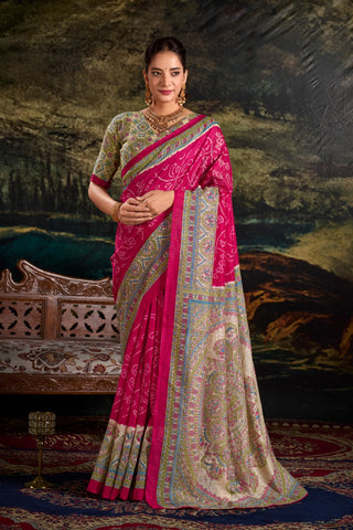 Pink Fusion of Madhubani and Bandhej Green Silk Saree with Unstitched Blouse ClothsVilla