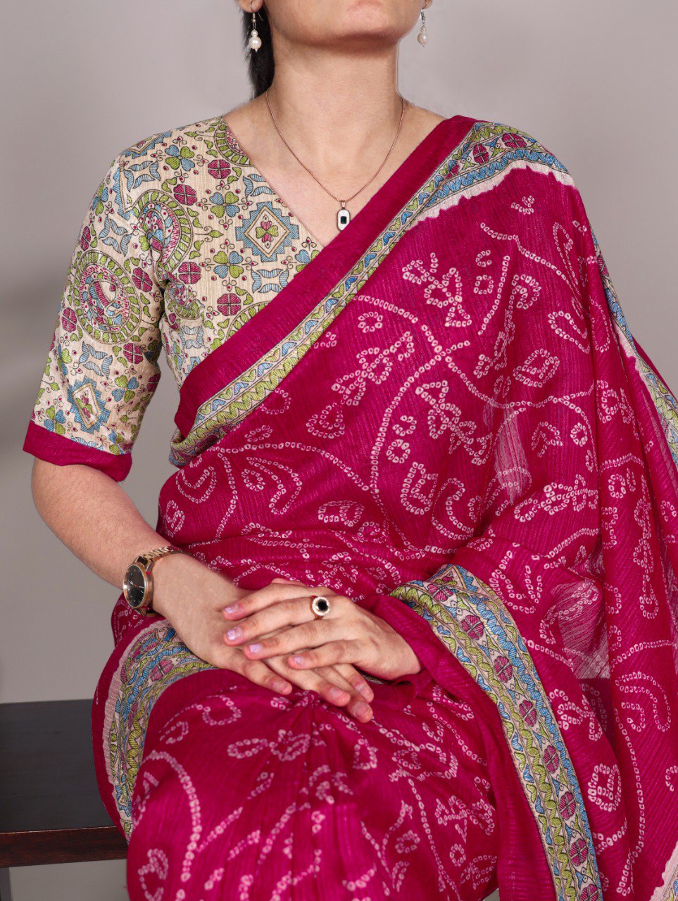 Pink Fusion of Madhubani and Bandhej Green Silk Saree with Unstitched Blouse