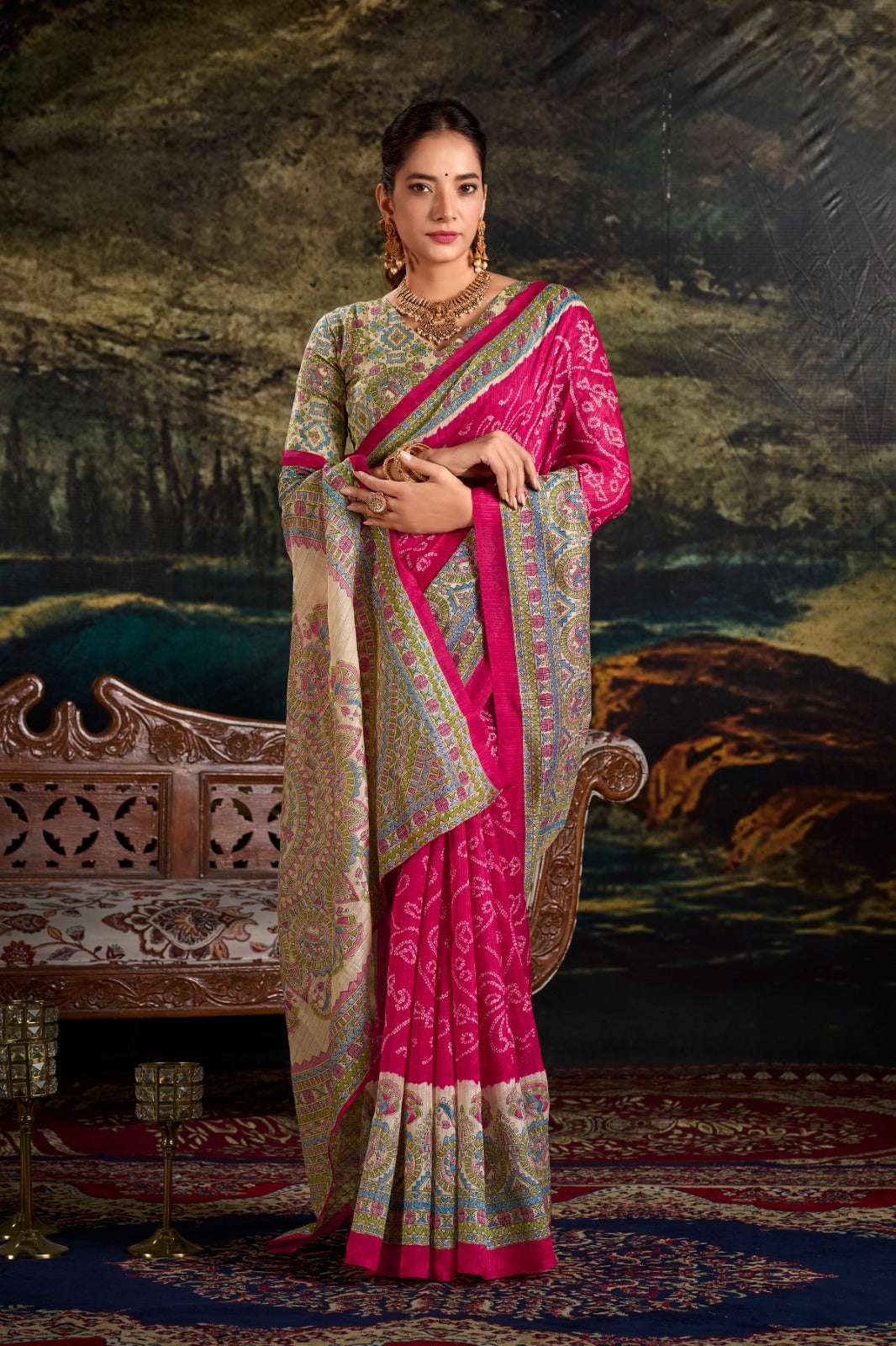Pink Fusion of Madhubani and Bandhej Green Silk Saree with Unstitched Blouse ClothsVilla