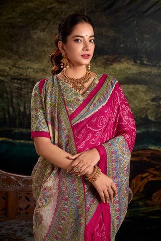 Pink Fusion of Madhubani and Bandhej Green Silk Saree with Unstitched Blouse ClothsVilla