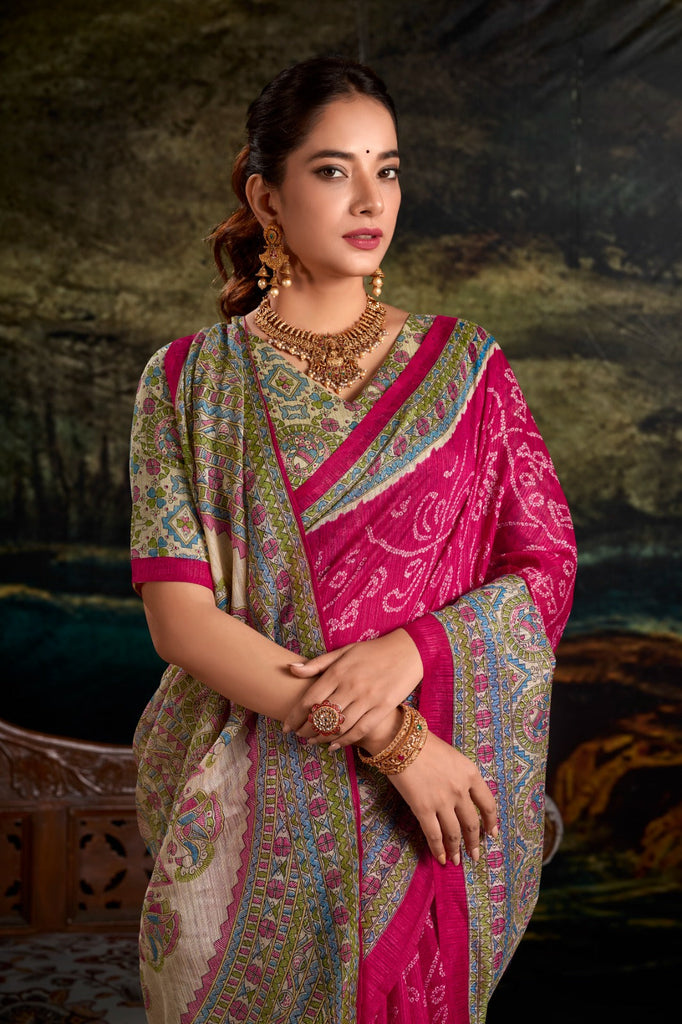 Pink Fusion of Madhubani and Bandhej Green Silk Saree with Unstitched Blouse ClothsVilla
