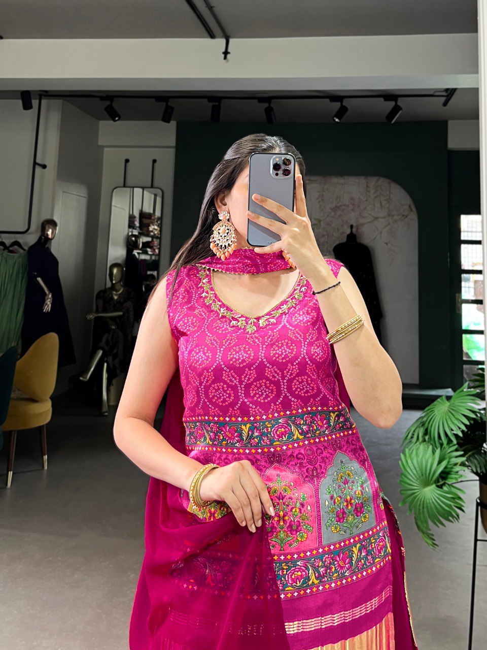 Pink Gaji Silk Printed & Handwork Kurti Set with Georgette Plazo and Dupatta – Fully Stitched ClothsVilla