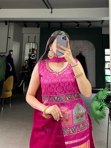 Pink Gaji Silk Printed & Handwork Kurti Set with Georgette Plazo and Dupatta – Fully Stitched ClothsVilla