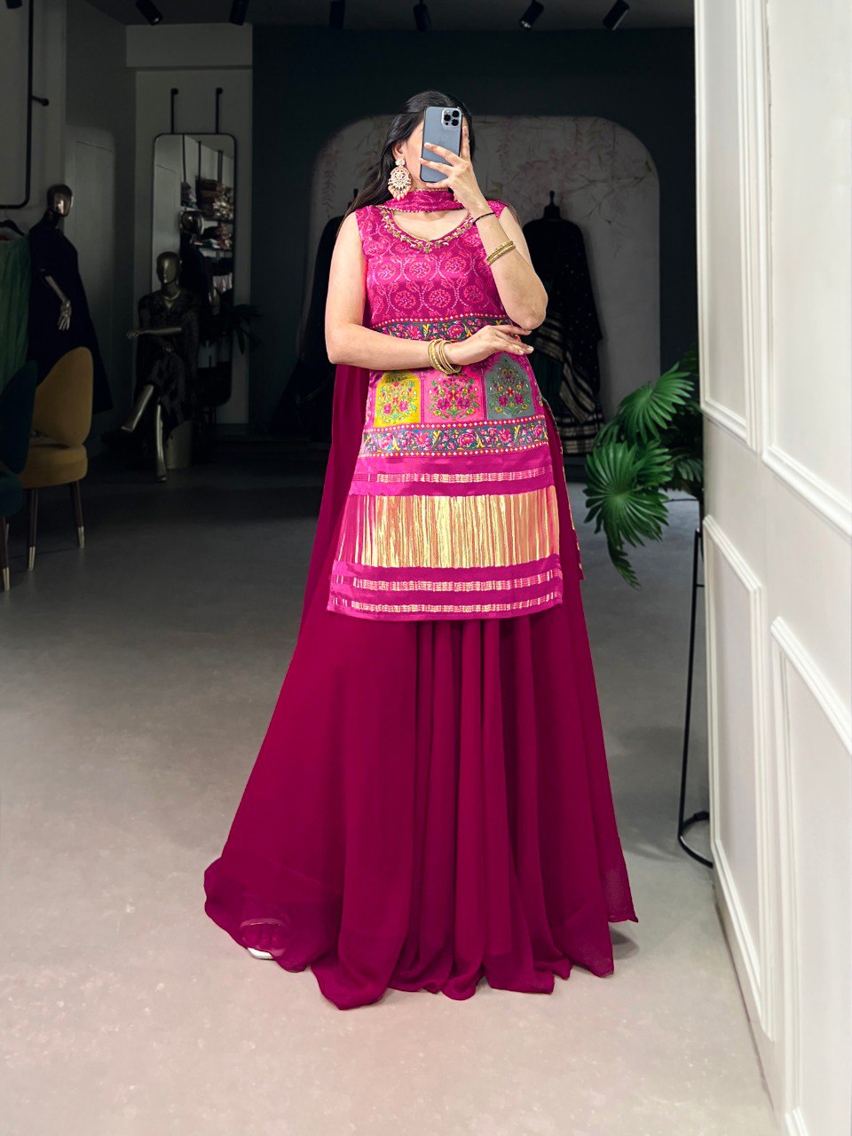 Pink Gaji Silk Printed & Handwork Kurti Set with Georgette Plazo and Dupatta – Fully Stitched ClothsVilla