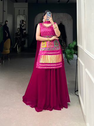 Pink Gaji Silk Printed & Handwork Kurti Set with Georgette Plazo and Dupatta – Fully Stitched ClothsVilla
