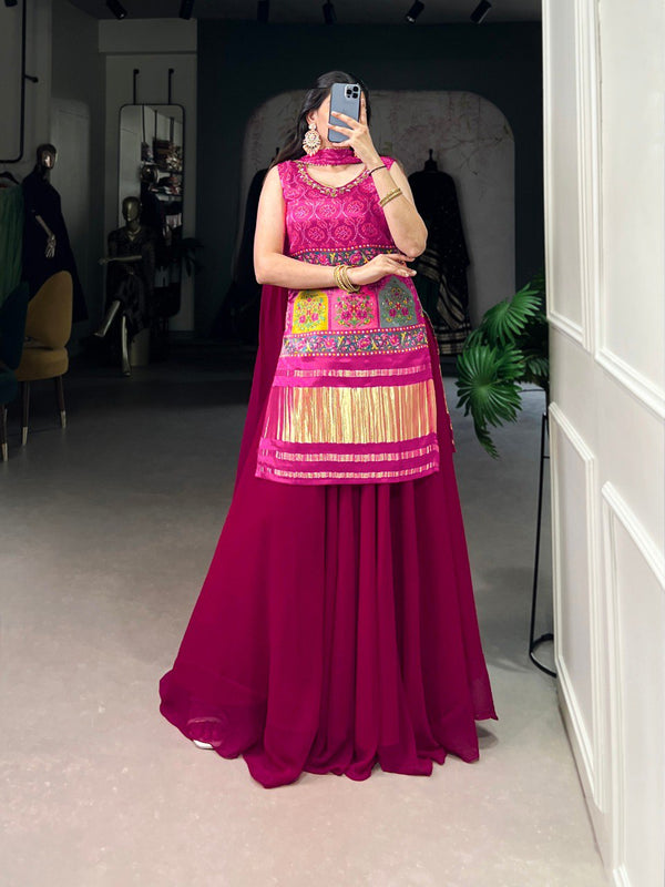 Pink Gaji Silk Printed & Handwork Kurti Set with Georgette Plazo and Dupatta – Fully Stitched ClothsVilla