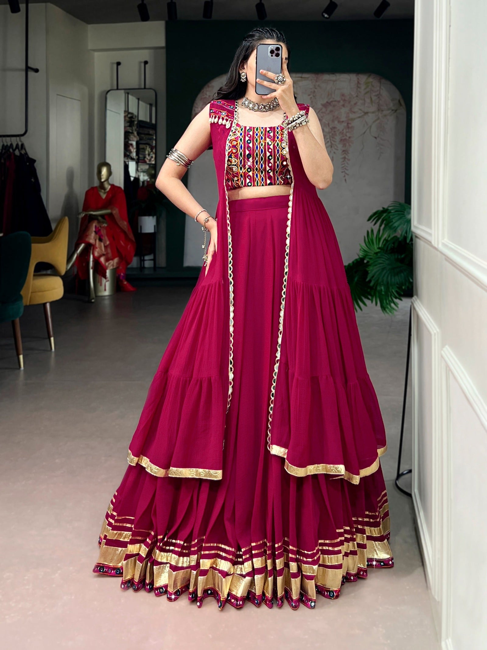 Pink Gamthi Mirror Work Lehenga set ClothsVilla