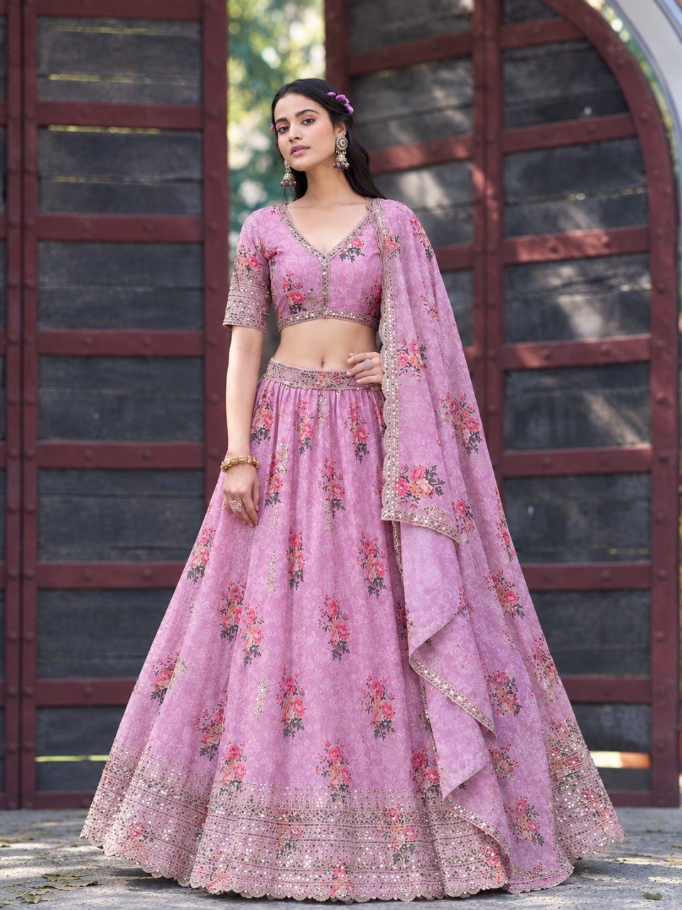 Pink Georgette Digital Print Lehenga ClothsVilla