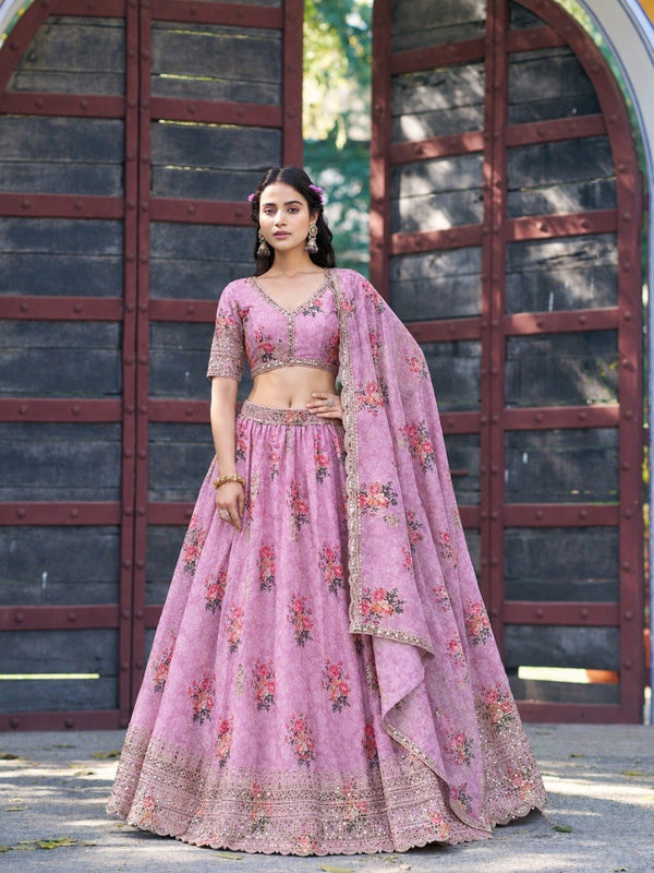 Pink Georgette Digital Print Lehenga ClothsVilla