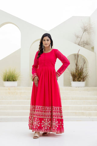 Pink Georgette Embroidered Gown with Dupatta Zari & Sequins Work Fully Stitched & Ready to Wear ClothsVilla