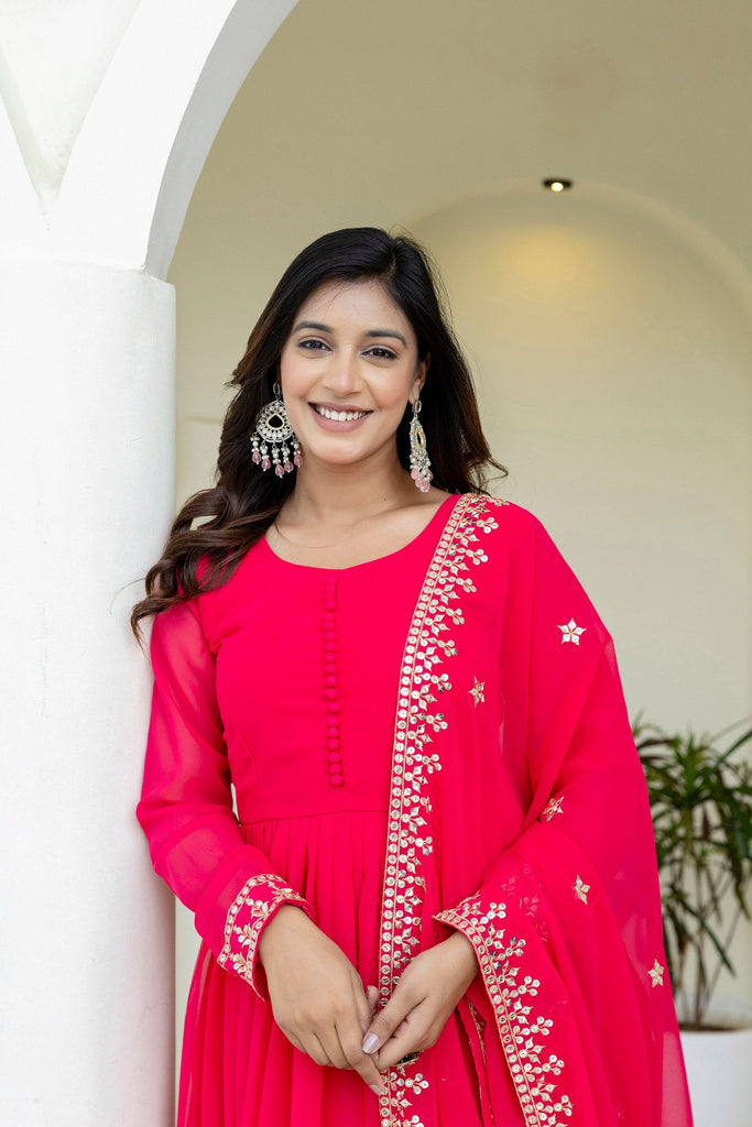 Pink Georgette Embroidered Gown with Dupatta Zari & Sequins Work Fully Stitched & Ready to Wear ClothsVilla