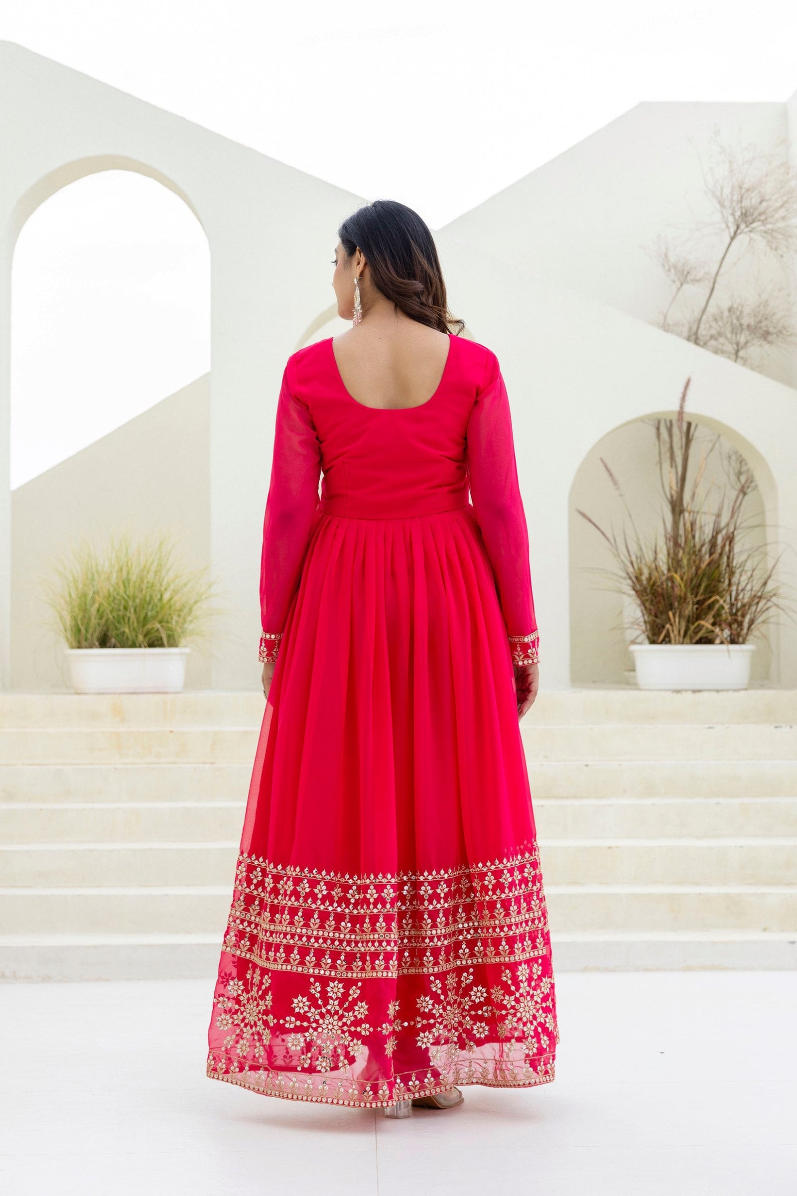 Pink Georgette Embroidered Gown with Dupatta Zari & Sequins Work Fully Stitched & Ready to Wear ClothsVilla