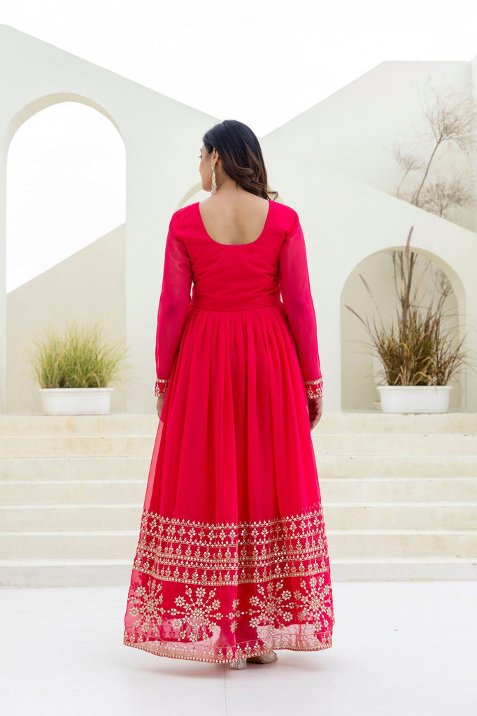Pink Georgette Embroidered Gown with Dupatta Zari & Sequins Work Fully Stitched & Ready to Wear ClothsVilla
