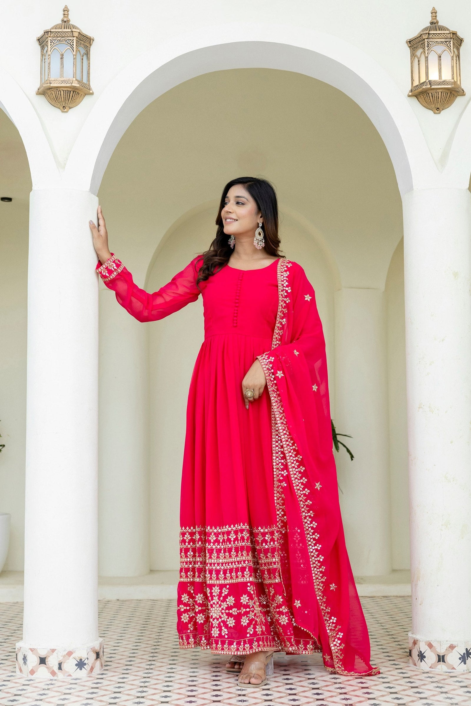 Pink Georgette Embroidered Gown with Dupatta Zari & Sequins Work Fully Stitched & Ready to Wear ClothsVilla