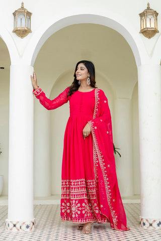 Pink Georgette Embroidered Gown with Dupatta Zari & Sequins Work Fully Stitched & Ready to Wear ClothsVilla