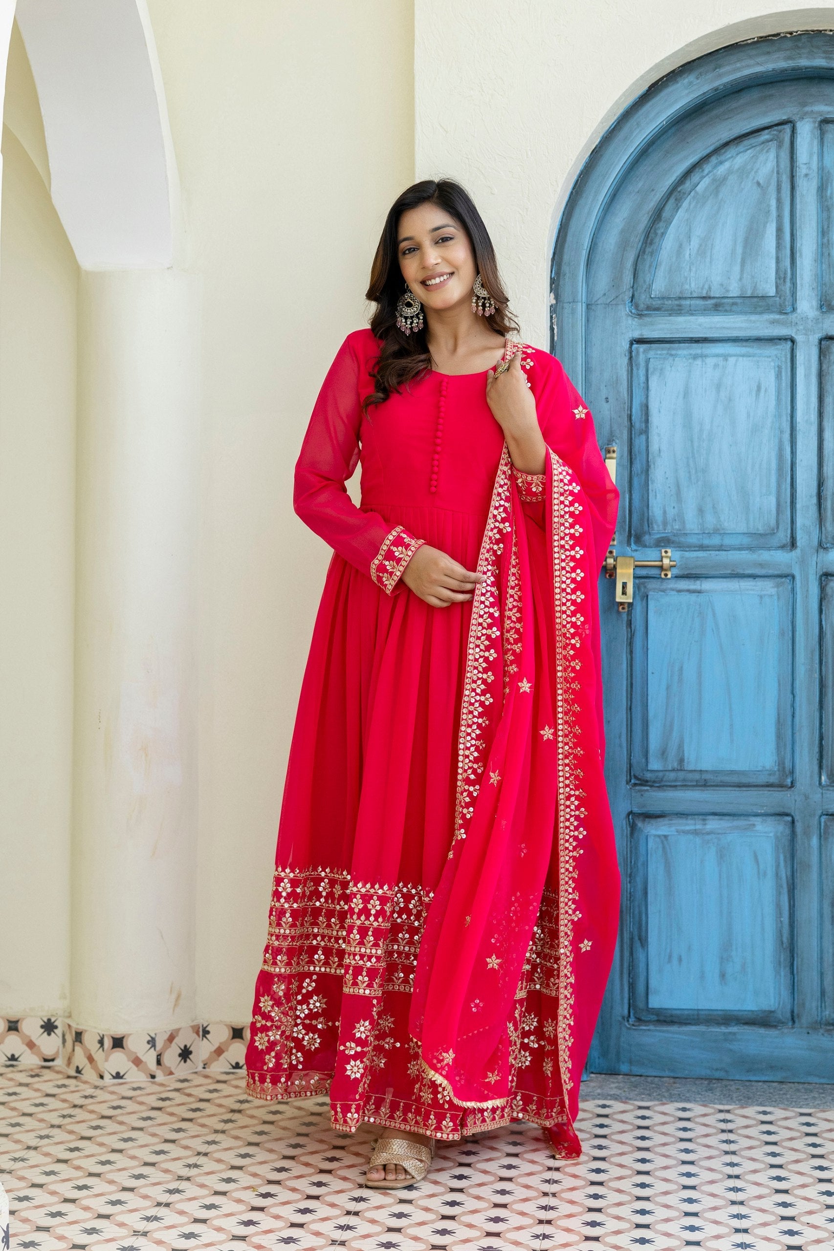 Pink Georgette Embroidered Gown with Dupatta Zari & Sequins Work Fully Stitched & Ready to Wear ClothsVilla Main image