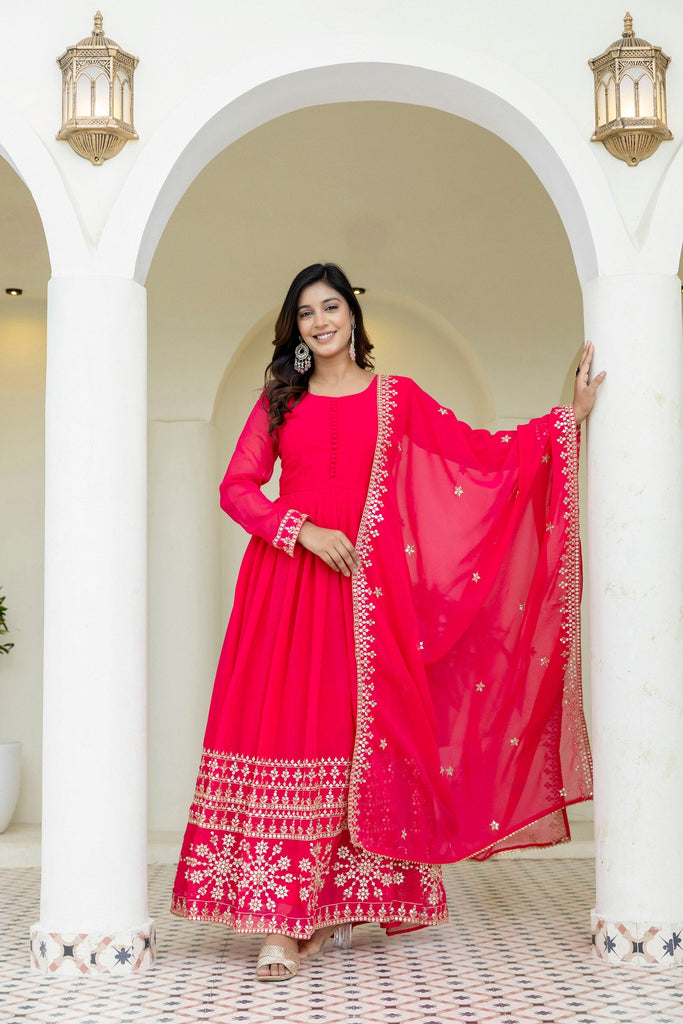 Pink Georgette Embroidered Gown with Dupatta Zari & Sequins Work Fully Stitched & Ready to Wear ClothsVilla