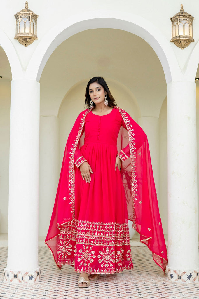 Pink Georgette Embroidered Gown with Dupatta Zari & Sequins Work Fully Stitched & Ready to Wear ClothsVilla