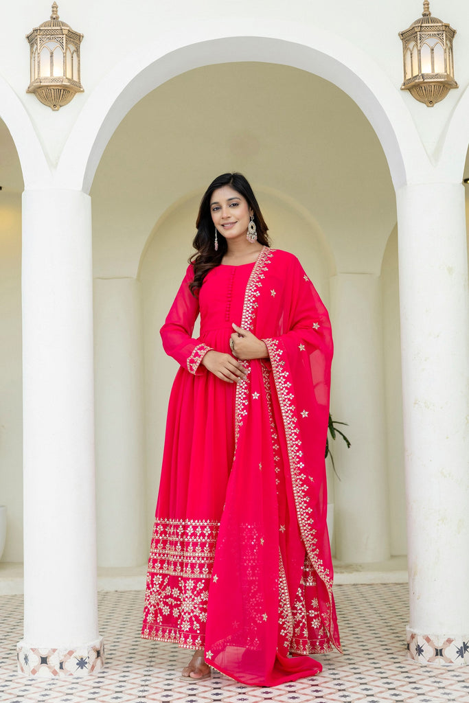 Pink Georgette Embroidered Gown with Dupatta Zari & Sequins Work Fully Stitched & Ready to Wear ClothsVilla