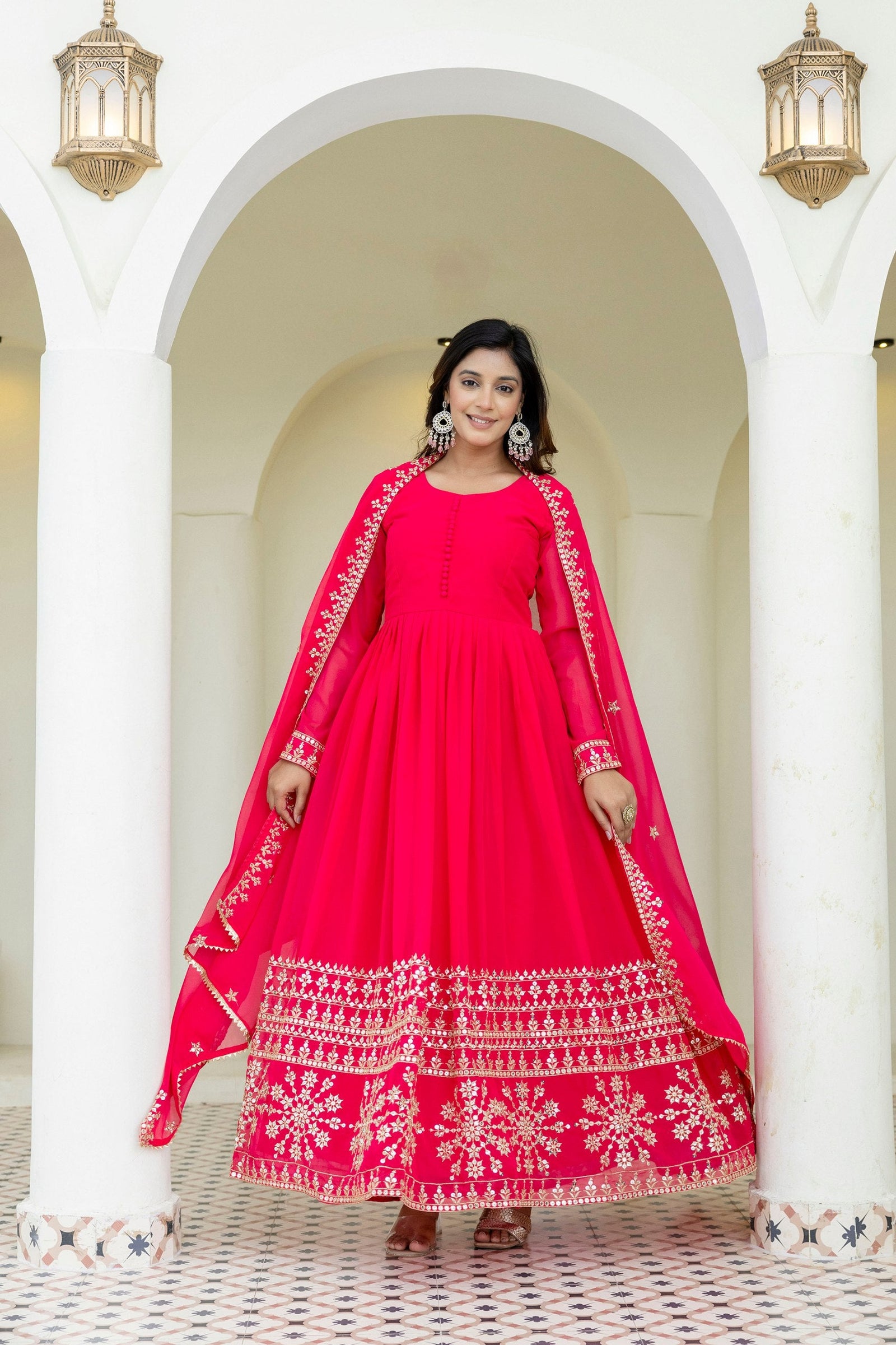 Pink Georgette Embroidered Gown with Dupatta Zari & Sequins Work Fully Stitched & Ready to Wear ClothsVilla