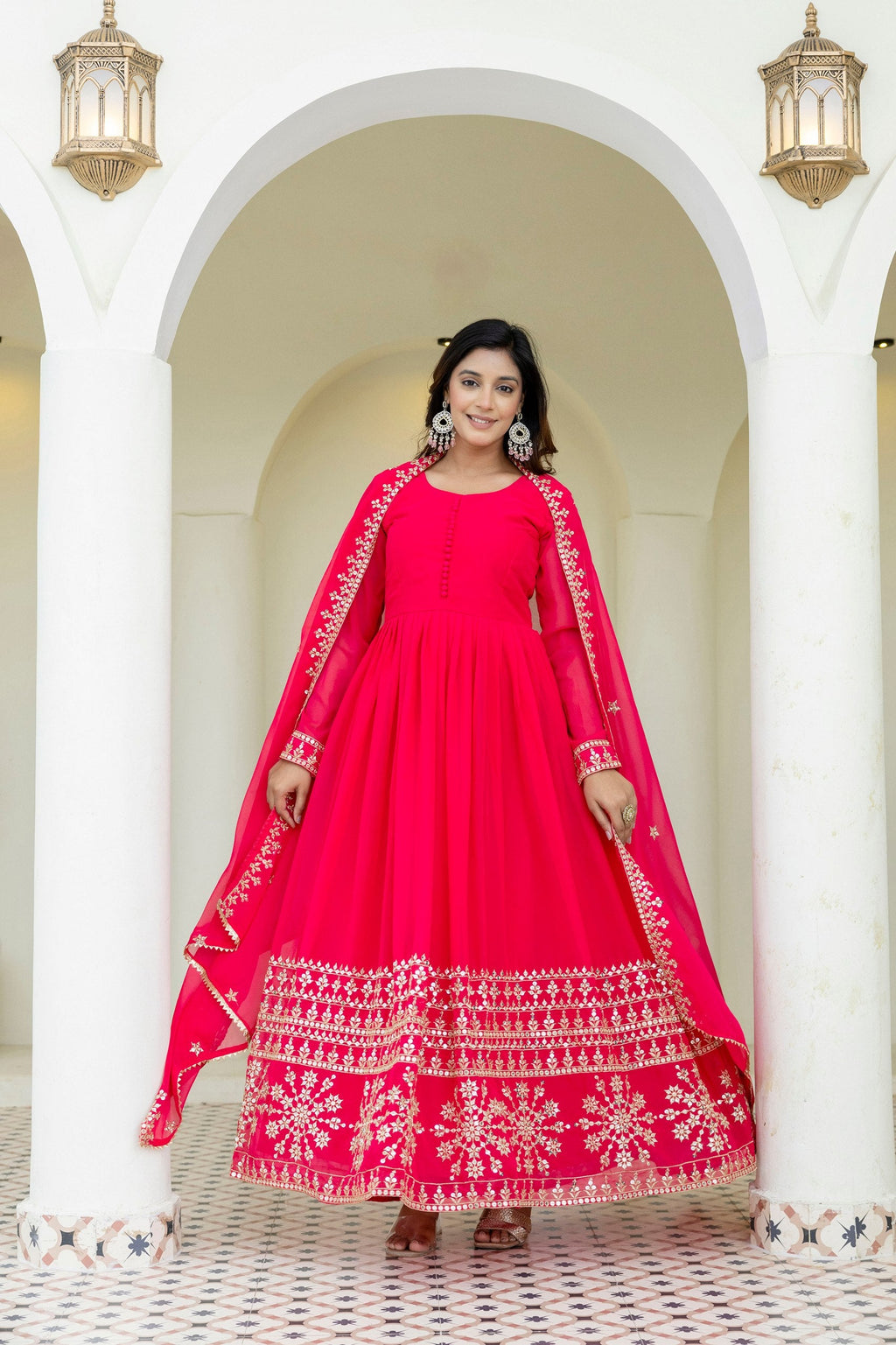 Pink Georgette Embroidered Gown with Dupatta Zari & Sequins Work Fully Stitched & Ready to Wear ClothsVilla