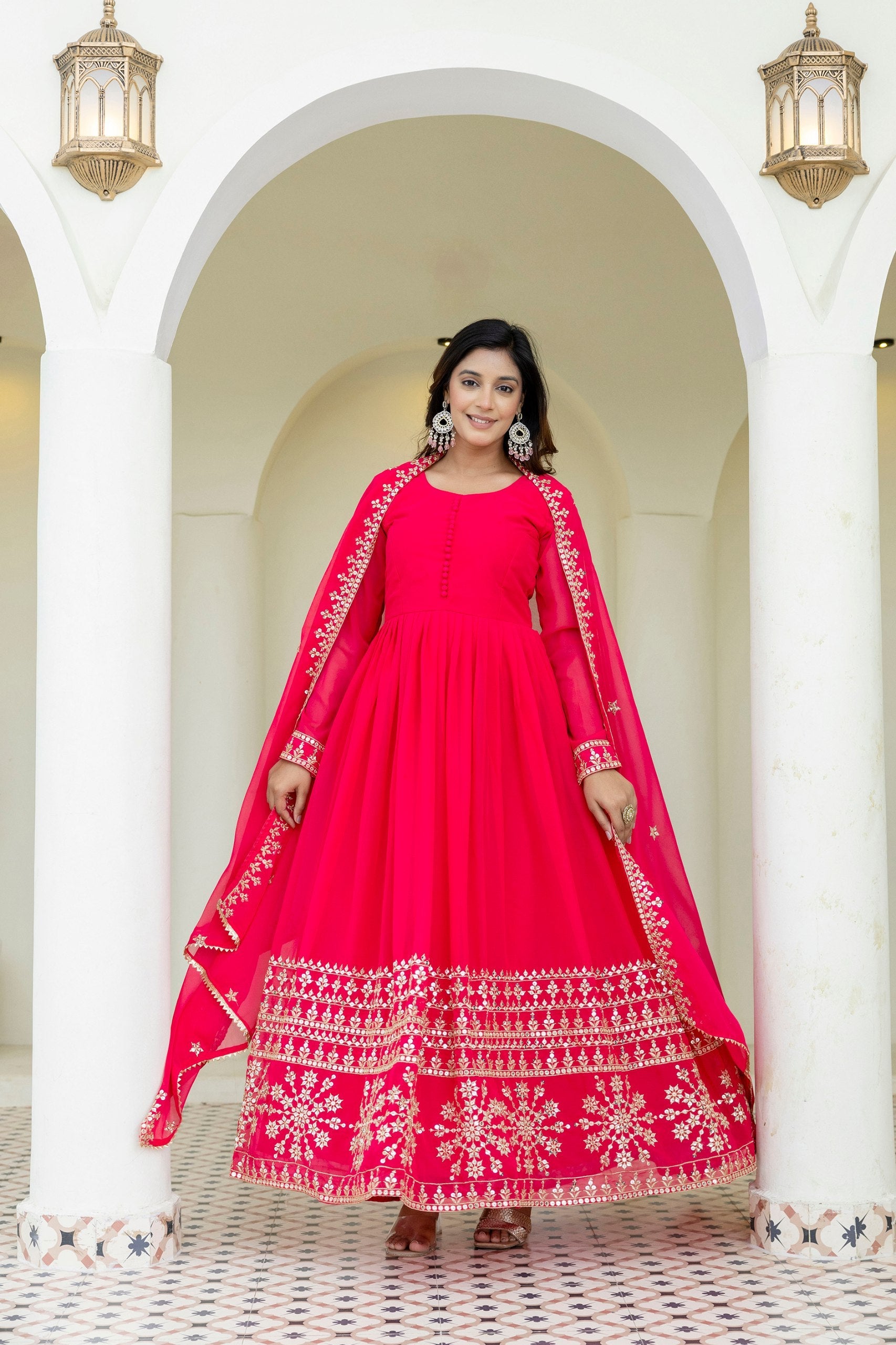 Pink Georgette Embroidered Gown with Dupatta Zari & Sequins Work Fully Stitched & Ready to Wear ClothsVilla
