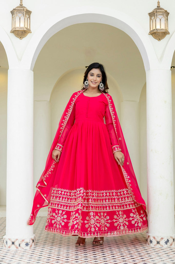 Pink Georgette Embroidered Gown with Dupatta Zari & Sequins Work Fully Stitched & Ready to Wear ClothsVilla