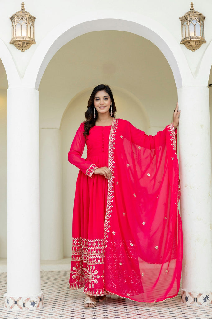 Pink Georgette Embroidered Gown with Dupatta Zari & Sequins Work Fully Stitched & Ready to Wear ClothsVilla