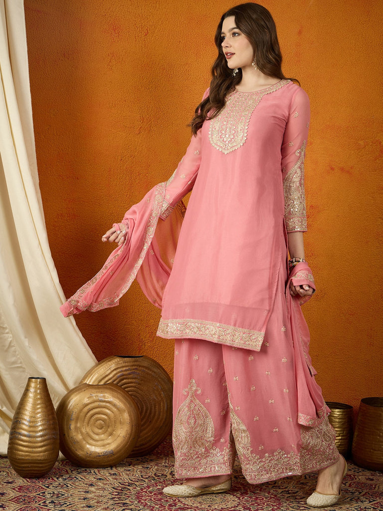 Pink Georgette Embroidered Kurta Palazzo Set with Dupatta ClothsVilla
