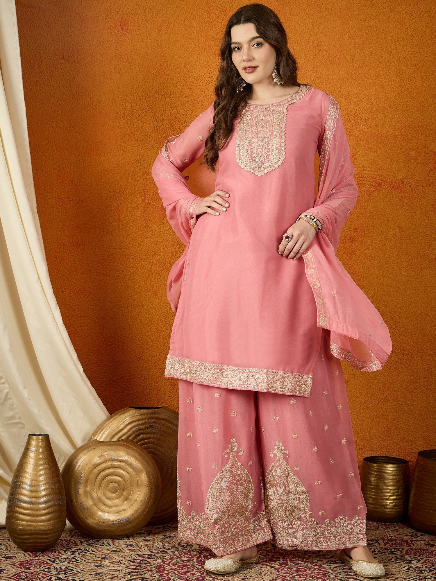 Pink Georgette Embroidered Kurta Palazzo Set with Dupatta ClothsVilla